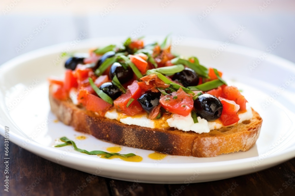 a single piece of bruschetta with olives on a plain white dish a single piece of bruschetta with olives on a plain white dish