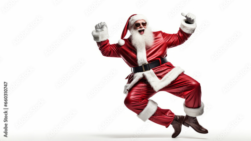 Obraz premium Aged playful emotion Santa in sunglasses with comic grimace fooling around on white background
