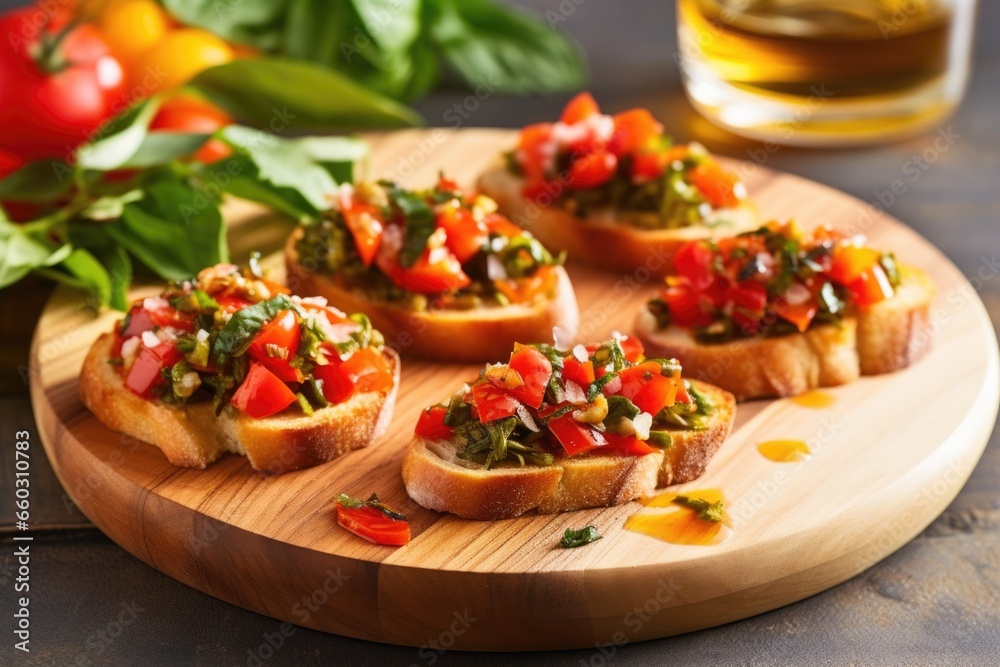 bruschetta with pickled capsicum slices on a leafy serving board bruschetta with pickled capsicum slices on a leafy serving board