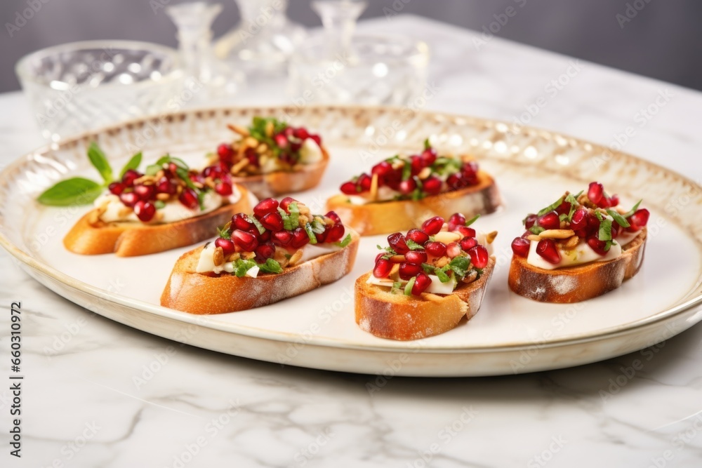 bruschetta with pomegranate seeds on an oval-shaped marble tray