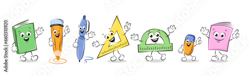 School funny office supplies characters in cartoon style. Book, notebook, pen, pencil, eraser, rulers. Knowledge and education concept. Vector illustration for children design or school.