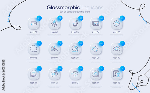 Set of Electric bike, Speech bubble and Social media line icons for web app. No waterproof, Cloud computing, Architect plan icons. Star, People chatting, Image gallery signs. Bid offer. Vector