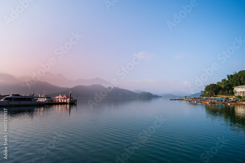 Early morning lake and mountain views. The clouds and mist are changing. The mountain and lake scenery of Sun Moon Lake in the morning. Nantou, Taiwan