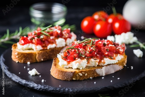bruschetta with ricotta served with a rosemary sprig on top