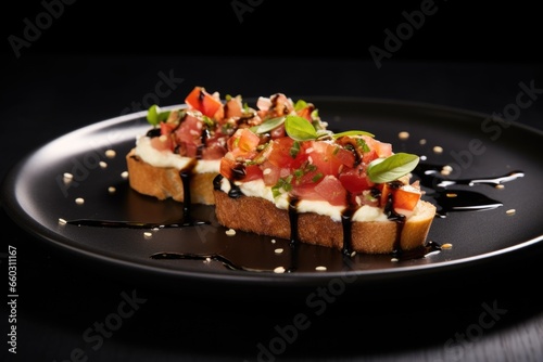 bruschetta with ricotta served on a modern square black plate