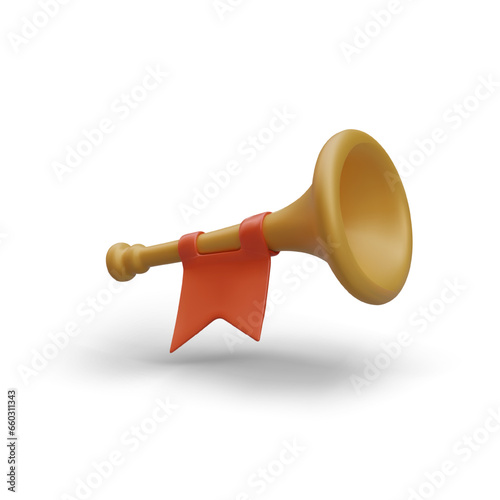 3D signal army tool. Horn with red flag. Sound notification of end of battle. Fanfare for winner. Color vector image for web design. Illustration with shadows and reflections