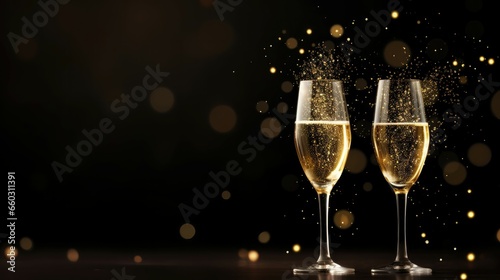 Champagne glasses background, sparkling bubbles rise, festive occasion.