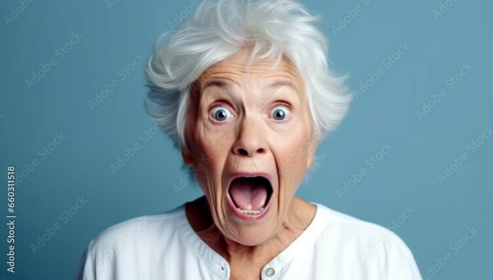 A 70 year old female shocked and smile on an blue background. Ai generative. A 70 year old female shocked and smile on an blue background. Ai generative.