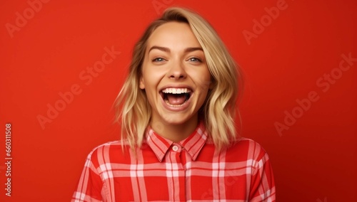 A 30 year old scandinavian shocked and smiled on a red background. Ai generative