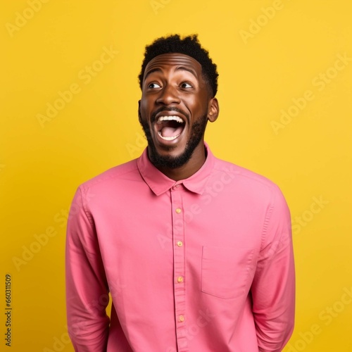 A 30 years old black man shocked and smiled on a yellow background. Ai generative © evan