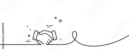 Employees handshake line icon. Continuous one line with curl. Hand gesture sign. Business deal palm symbol. Employees handshake single outline ribbon. Loop curve pattern. Vector