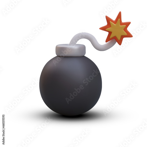 Cannonball with lit fuse. 3D illustration in cartoon style. Ancient artillery projectile. Activated bomb. Vector image for game. Explosive element. Web design