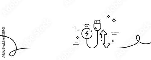 Charging cable line icon. Continuous one line with curl. Mobile accessories sign. Charge adapter symbol. Charging cable single outline ribbon. Loop curve pattern. Vector