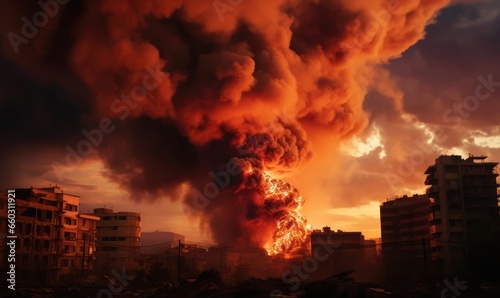 Fire in the city caused by the explosion of a combat missile