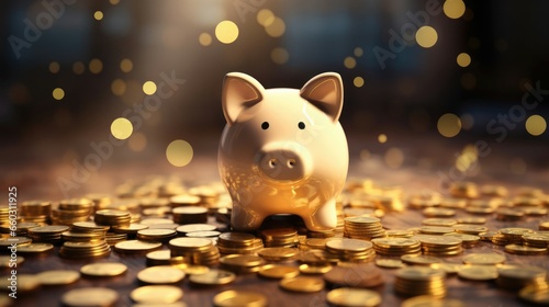 Close up of a wise piggy bank with golden money coins around it. business concept. invest money save.
