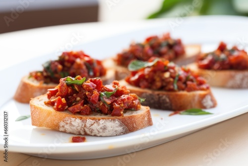 closeup of bruschetta with sun-dried tomatoes on white plate
