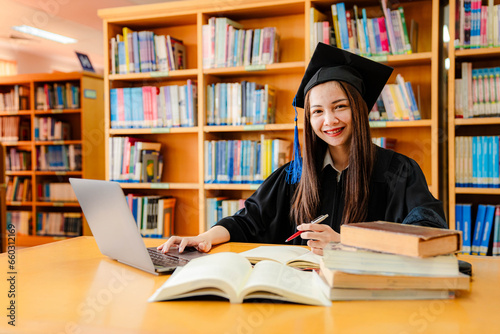 Happy beautiful Asian woman wearing graduation gown with books and tablet on table in university library