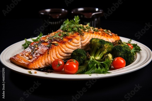 Delicious grilled salmon with vegetables and parsley on plate. Generative AI