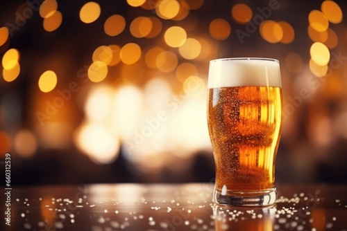 A glass of beer with a foam on a wooden tabletop on a blurred background.