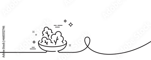 Salad line icon. Continuous one line with curl. Diet kcal sign. Low calories food symbol. Salad single outline ribbon. Loop curve pattern. Vector