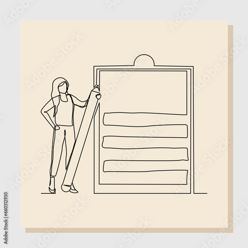 Continuous single line drawing art of business woman holding big pencil and big clip board of checklist paper. Vector illustration one line sketch of complete task list successful