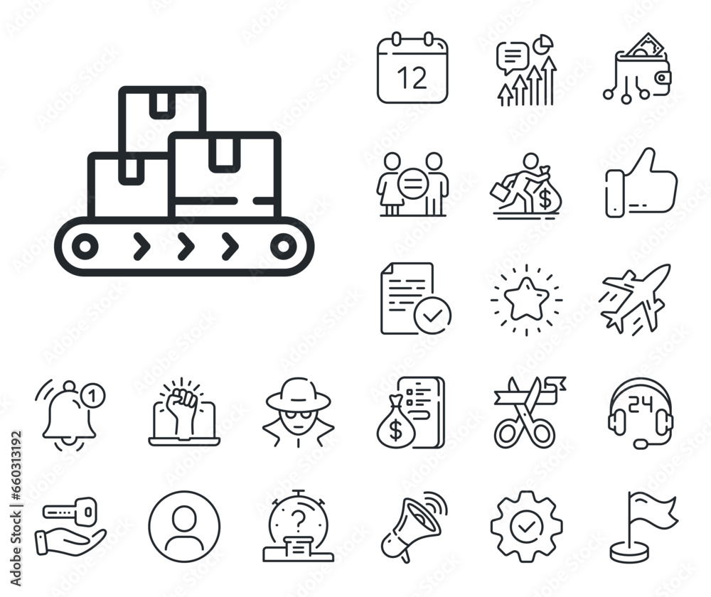 Warehouse boxes belt sign. Salaryman, gender equality and alert bell outline icons. Wholesale goods line icon. Logistic inventory symbol. Wholesale goods line sign. Vector