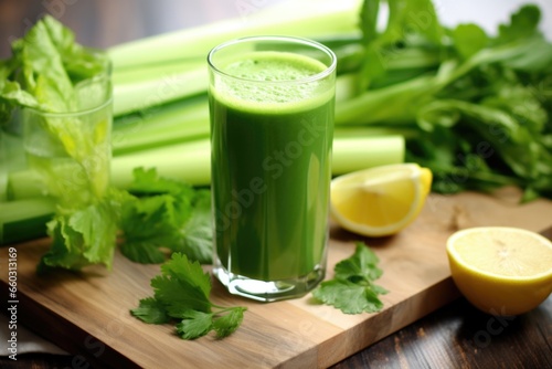 celery juice arranged with a variety of green foods on a table