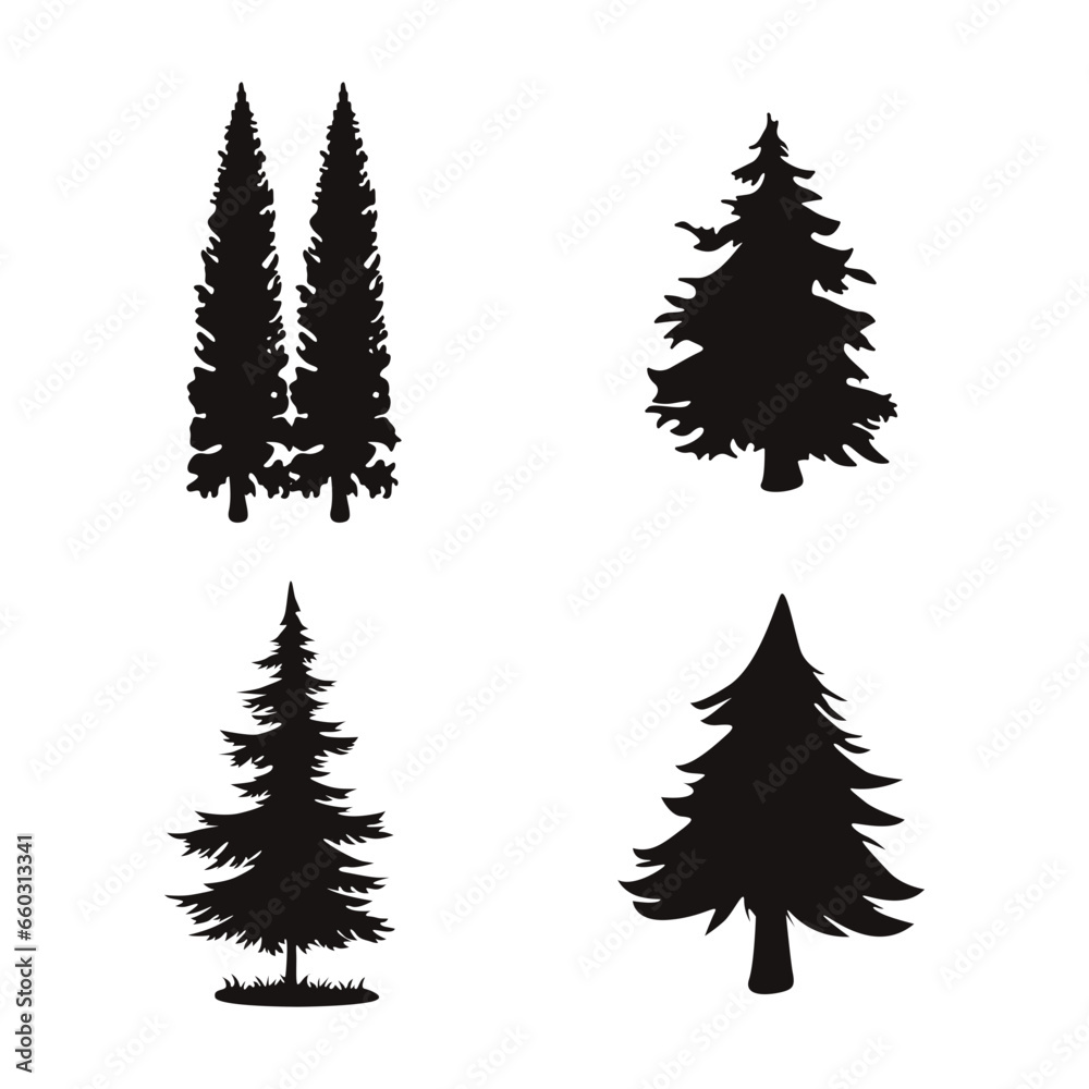 Pine Tree Silhouette With Different Shape. Vector Illustration Set. 