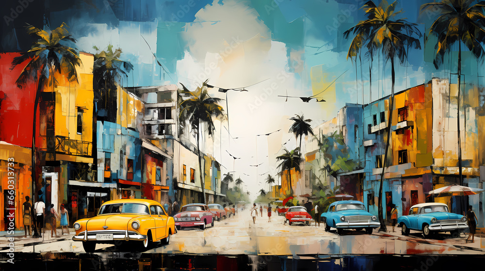 Obraz premium illustration de voitures de couleurs en ville à Cuba