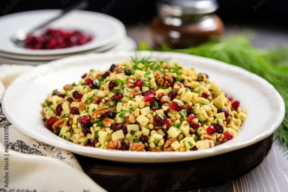 a dish of chickpea salad with cranberries and pecans