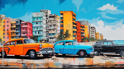 illustration de voitures de couleurs en ville à Cuba © Michel