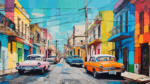 illustration de voitures de couleurs en ville à Cuba