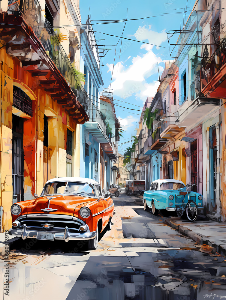Fototapeta illustration de voitures de couleurs en ville à Cuba