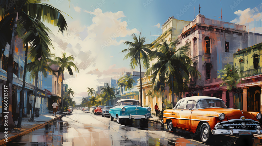 Obraz premium illustration de voitures de couleurs en ville à Cuba