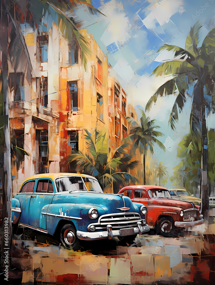 Fototapeta illustration de voitures de couleurs en ville à Cuba