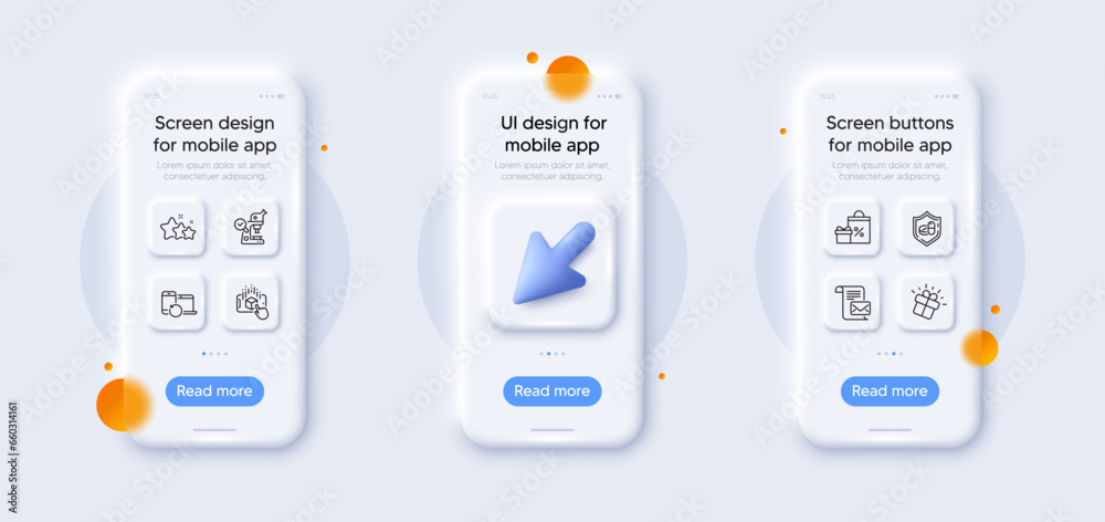 Augmented reality, Microscope and Shopping line icons pack. 3d phone mockups with cursor. Glass smartphone screen. Medical tablet, Recovery devices, Gift web icon. Stars, Mail letter pictogram. Vector Augmented reality, Microscope and Shopping line icons pack. 3d phone mockups with cursor. Glass smartphone screen. Medical tablet, Recovery devices, Gift web icon. Stars, Mail letter pictogram. Vector