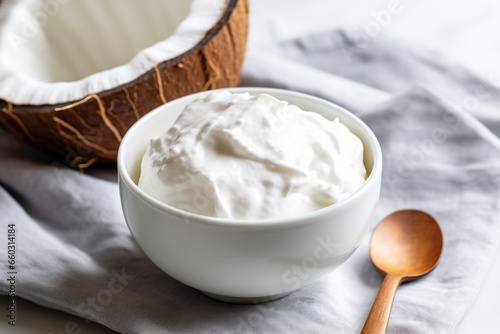 coconut yogurt in a white bowl with a silver spoon
