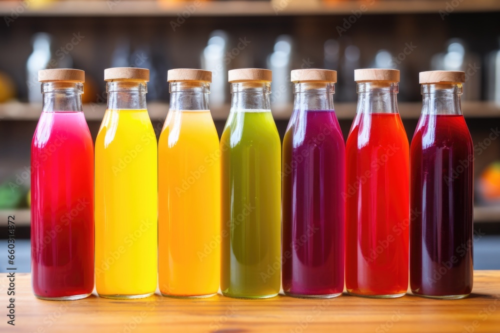 a close-up shot of rainbow-colored cold pressed juices a close-up shot of rainbow-colored cold pressed juices