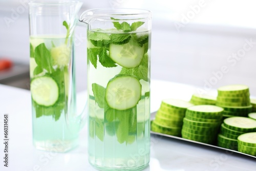 detail of cucumber and mint pieces floating in a water pitcher