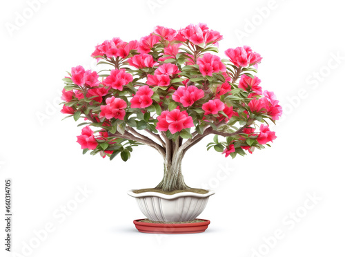 Image of beautiful adenium somalense in a pot on white background. Flower, Illustration, Generative AI. photo