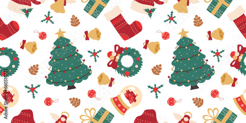 Christmas and New Year seamless pattern with holiday symbols, wrapping paper, background texture, postcards and posters decoration, vector illustration.