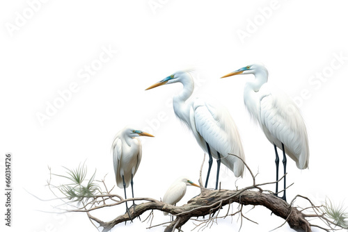Image of group of a white egret birds on a branch on a white background. Birds. Animals. Illustration, Generative AI.