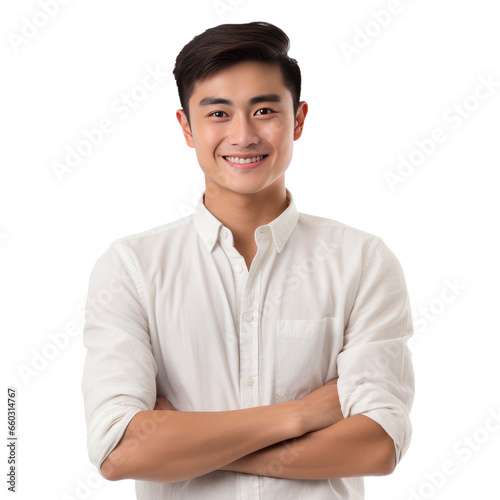 Young handsome asian man happy face smiling with crossed arms looking at the camera, isolated on white transparent background