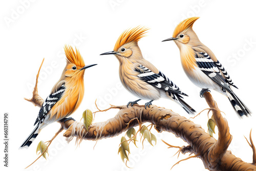 Image of group of hoopoes birds on a branch on a white background. Birds. Animals. Illustration, Generative AI.