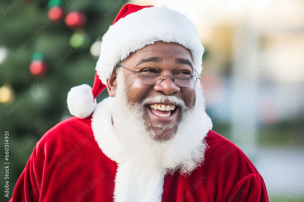 African-American Santa Claus in a red costume and a Christmas hat smiling over defocused background. Concept Happy New Year, Merry Christmas African-American Santa Claus in a red costume and a Christmas hat smiling over defocused background. Concept Happy New Year, Merry Christmas