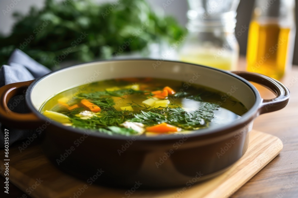 close shot of a hot bowl of detox soup under natural light close shot of a hot bowl of detox soup under natural light