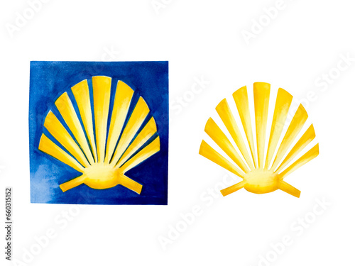 Watercolor touristic symbol of the Camino de Santiago route illlustration. The yellow scallop shell signing the way to santiago de compostela on the st james pilgrimage route isolated on whit photo