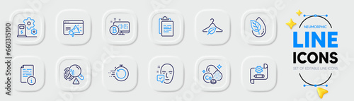 Fast recovery, Face accepted and Clipboard line icons for web app. Pack of Seo marketing, Charging station, Fingerprint pictogram icons. Cogwheel blueprint, Cobalt mineral, Manual signs. Vector