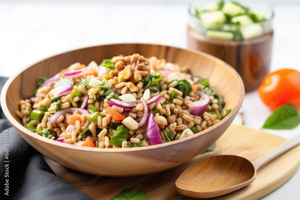 a bowl of farro salad next to a board with chopped veggies a bowl of farro salad next to a board with chopped veggies