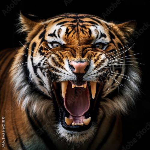 detailed close up portrait of roaring tiger animal on black background, generative ai